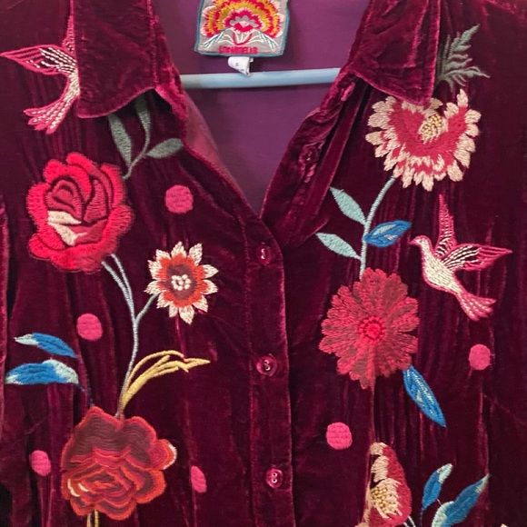 Johnny Was Burgundy Floral Embroidered Top - Picture 3 of 6